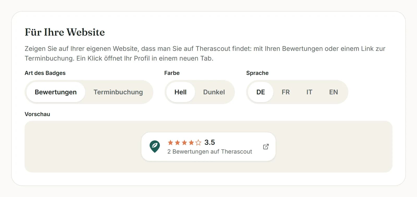 Website-Badge mit Sternebewertung, wählbar nach Art, Farbe und Sprache