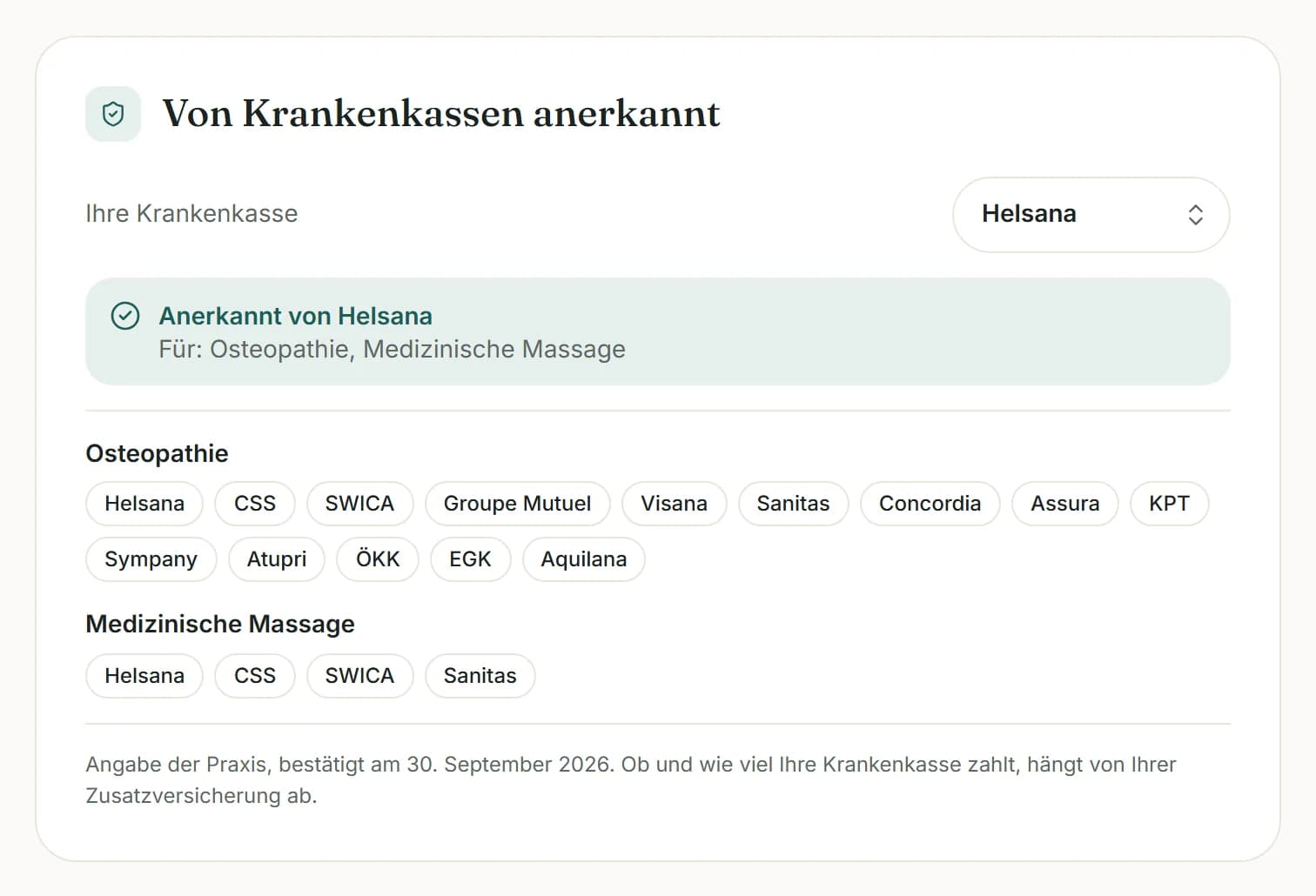 Profilabschnitt «Von Krankenkassen anerkannt»: Patient:innen wählen ihre Kasse und sehen, für welche Methoden sie anerkannt ist