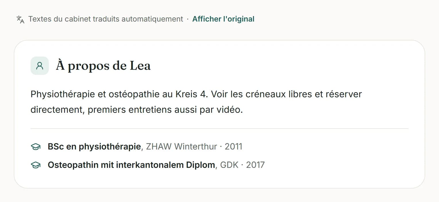 Profil auf Französisch mit dem Hinweis, dass die Texte der Praxis automatisch übersetzt sind